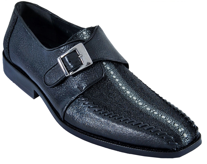 Los Altos Black Genuine Stingray Single Stone W/Deer Belt Buckle Shoes ZV061205.